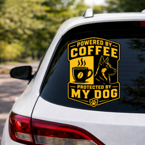 Powered by Coffee Protected by My Dog Sticker | Die-Cut Outdoor Vinyl