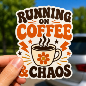 Running On Coffee and Chaos Car Decal, Overstimulated Mom Sticker, Funny Caffeine Vinyl Decal, Retro Bumper Sticker, Tired Mom Gift