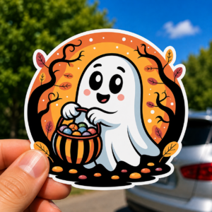Cute Ghost Trick or Treat Sticker | Halloween Candy Die-Cut Sticker