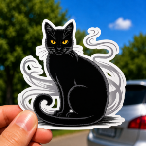 Black Cat Illustration Die-Cut Sticker | Witchy Cat, Yellow Eyes