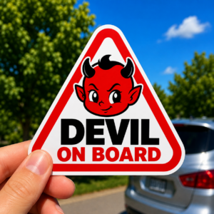 Devil on Board Sticker | Die-Cut Triangle Car Decal, Red Devil Head